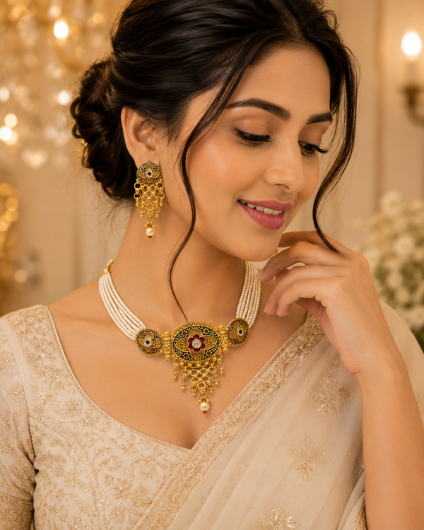 MB Exim Royal Heritage Pearl Choker Jewellery Set with Earrings for Women