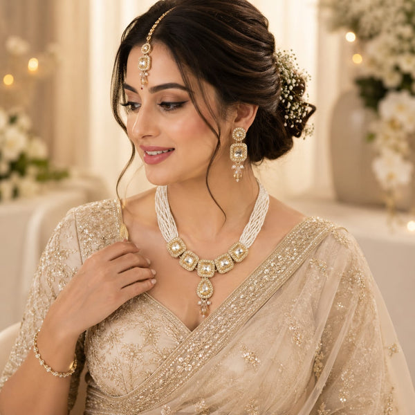 Traditional Pearl Kundan Necklace Set with Earrings & Maang Tikka