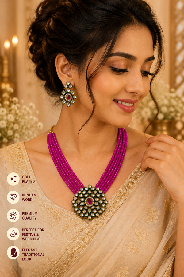 MB Exim Premium Pink Beads Kundan Jewellery Set with Earrings for Women