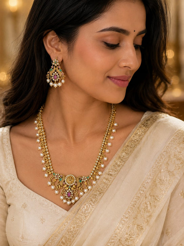 Premium Lakshmi Temple Long Haram Necklace with CZ Ruby Emerald & Pearl Drops