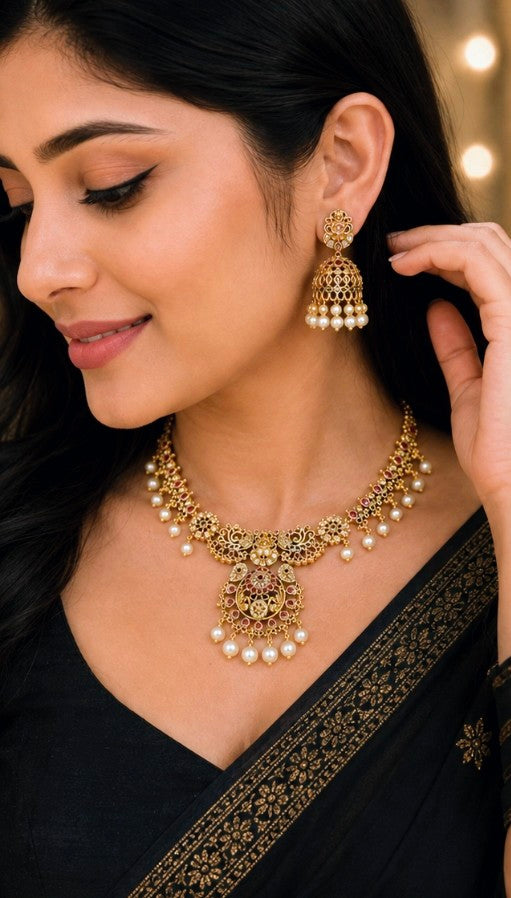 Premium Gold-Plated Pearl Necklace Set with Matching Jhumka Earrings for Women