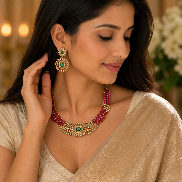Gold Plated Maroon & Green AD Stone Choker Necklace Set
