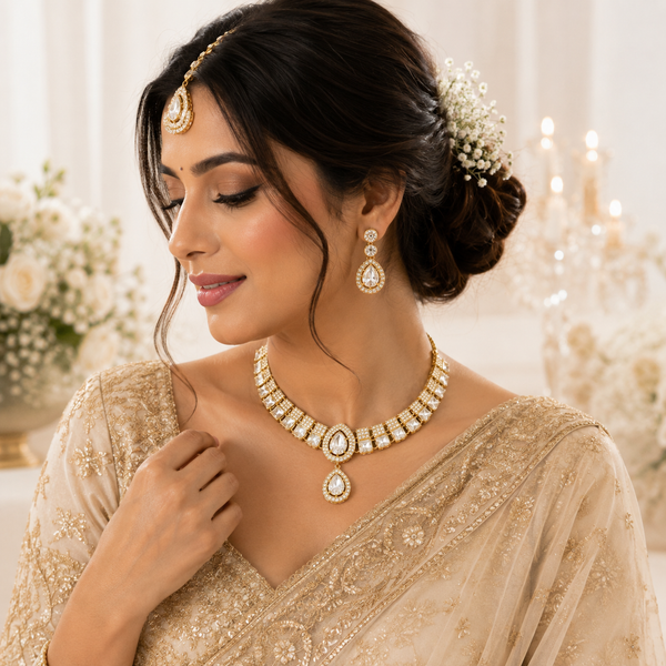 Premium Gold Plated CZ Necklace Set with Earrings & Maang Tikka