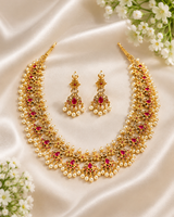 Premium Ruby Stone & Pearl Long Haram Necklace Set with Matching Earrings