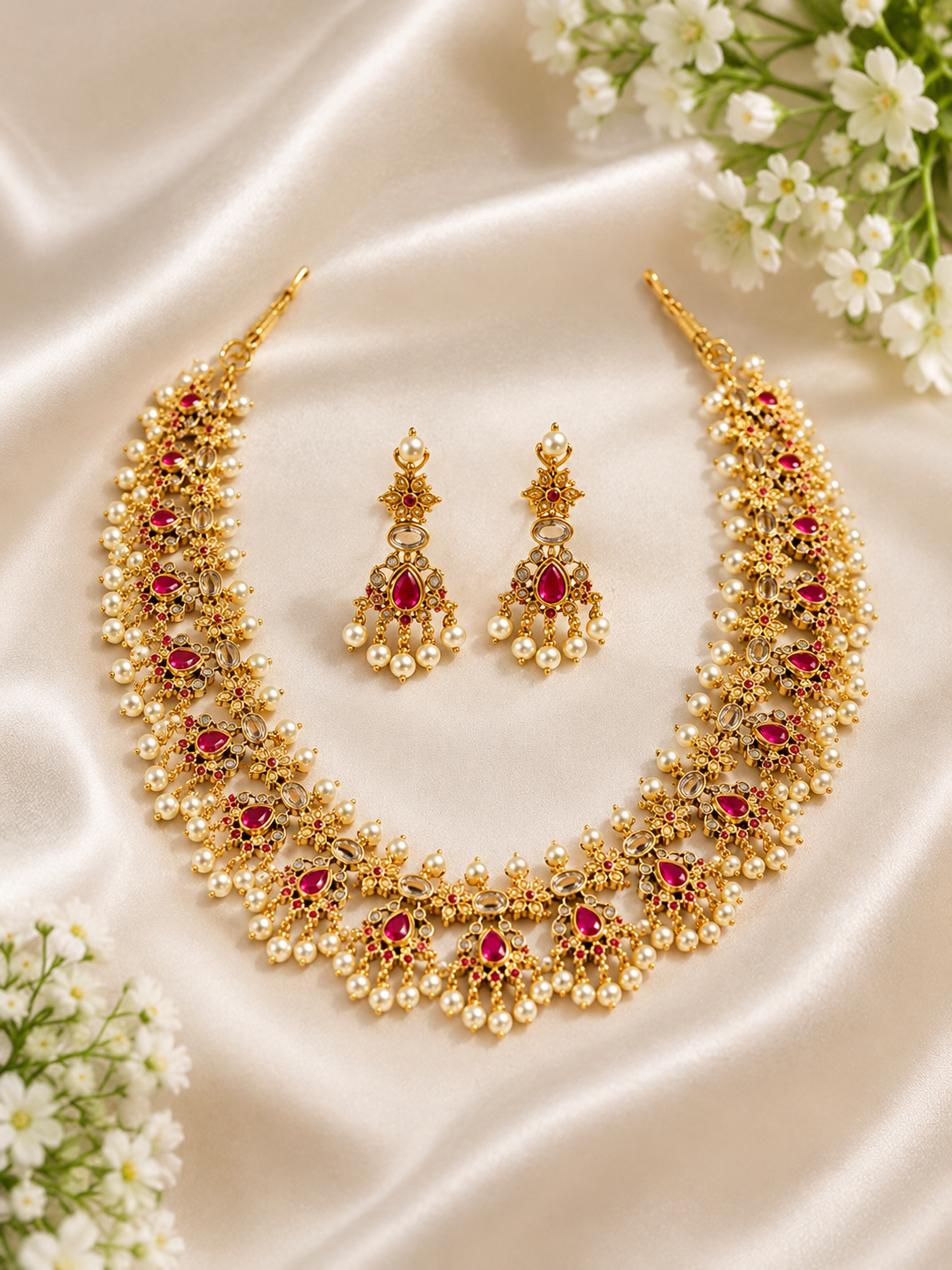 Premium Ruby Stone & Pearl Long Haram Necklace Set with Matching Earrings