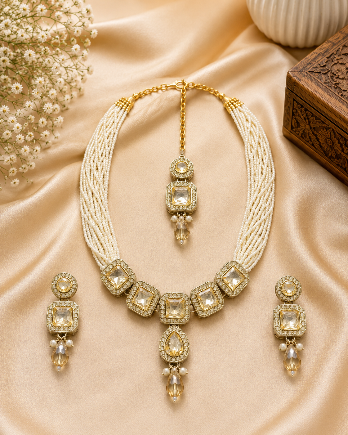 Traditional Pearl Kundan Necklace Set with Earrings & Maang Tikka