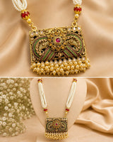 Traditional Pearl Temple Necklace Set with Earrings