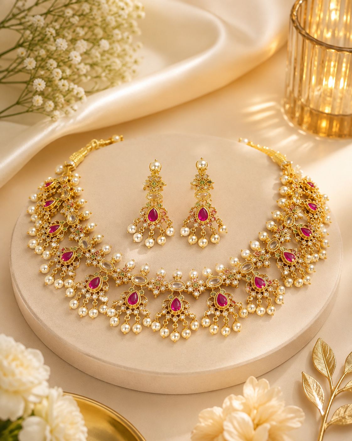 Premium Ruby & Pearl Bridal Necklace Set with Matching Earrings