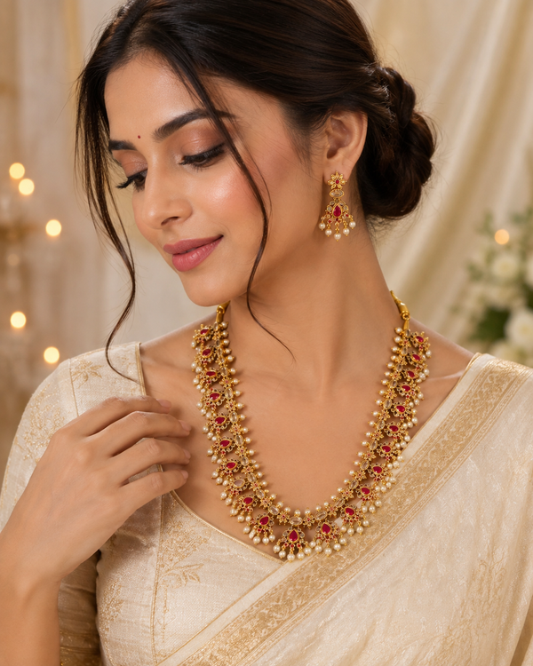 Premium Ruby Stone & Pearl Long Haram Necklace Set with Matching Earrings