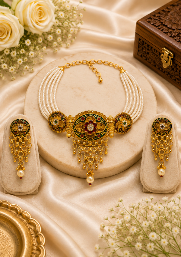 MB Exim Royal Heritage Pearl Choker Jewellery Set with Earrings for Women