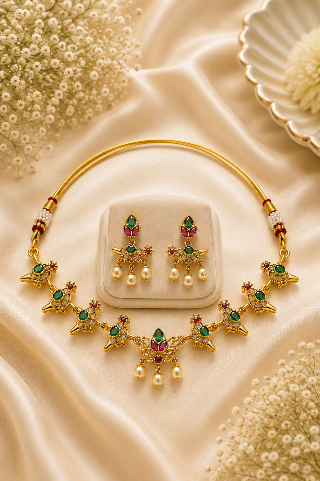 Traditional Gold Plated Green Stone Choker Necklace Set for Women