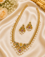 Premium Lakshmi Temple Long Haram Necklace with CZ Ruby Emerald & Pearl Drops