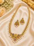 Premium Lakshmi Temple Long Haram Necklace with CZ Ruby Emerald & Pearl Drops