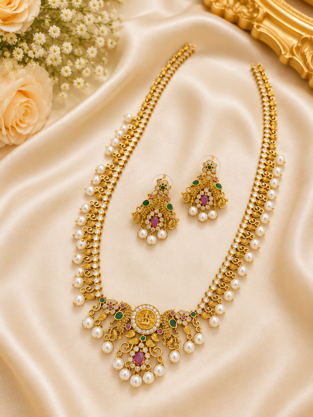 Premium Lakshmi Temple Long Haram Necklace with CZ Ruby Emerald & Pearl Drops