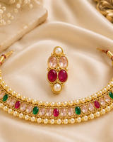 Women's Gold Plated Multicolor Stone Pearl Choker Necklace Set with Earrings