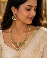 Premium Lakshmi Temple Long Haram Necklace with CZ Ruby Emerald & Pearl Drops