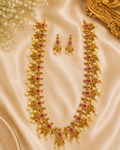 Women's Antique Gold Plated Temple Design Long Necklace Set with Ruby, Green Stones & Pearls