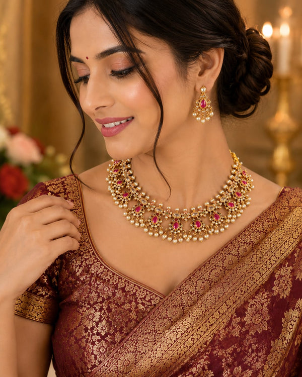 Premium Ruby & Pearl Bridal Necklace Set with Matching Earrings