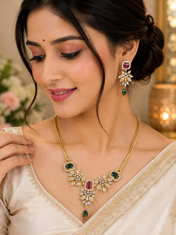 Premium CZ Ruby & Emerald Naan Necklace Set with Earrings