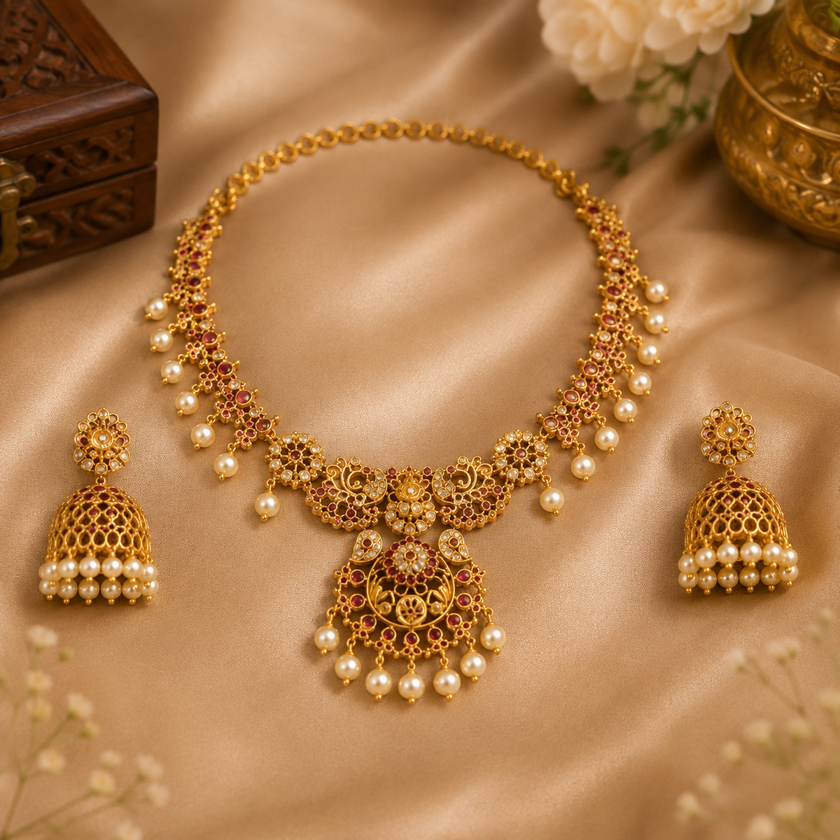 Premium Gold-Plated Pearl Necklace Set with Matching Jhumka Earrings for Women