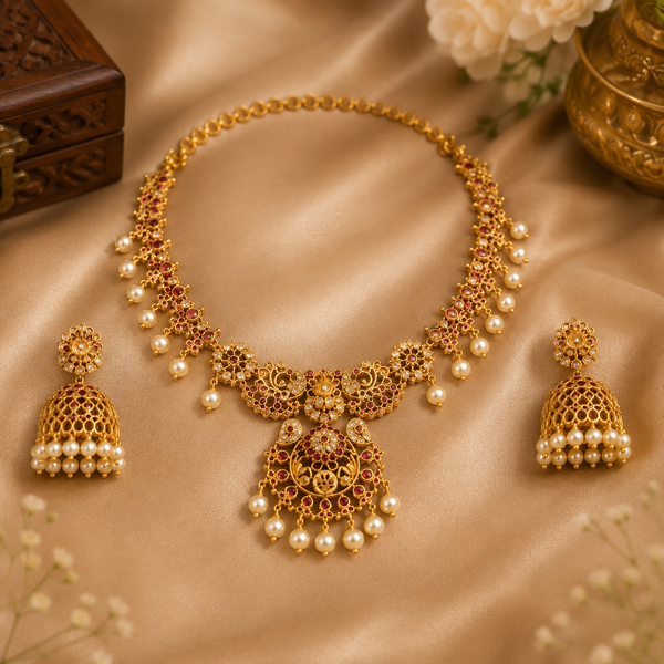 Premium Gold-Plated Pearl Necklace Set with Matching Jhumka Earrings for Women