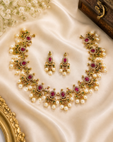Premium Gold Plated Temple Necklace Set with Ruby, Green Stones & Pearl Drops
