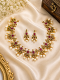 Premium Gold Plated Temple Necklace Set with Ruby, Green Stones & Pearl Drops