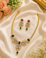 Premium CZ Ruby & Emerald Naan Necklace Set with Earrings