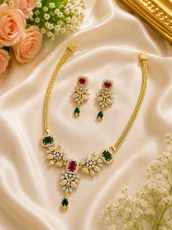 Premium CZ Ruby & Emerald Naan Necklace Set with Earrings