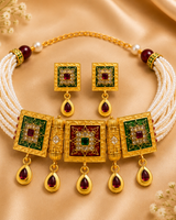 Traditional Meenakari Pearl Choker Necklace Set with Earrings for Women | Gold Plated