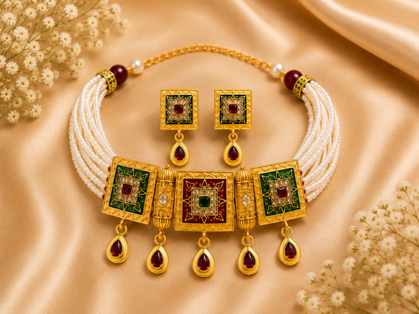 Traditional Meenakari Pearl Choker Necklace Set with Earrings for Women | Gold Plated