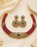 Gold Plated Maroon & Green AD Stone Choker Necklace Set