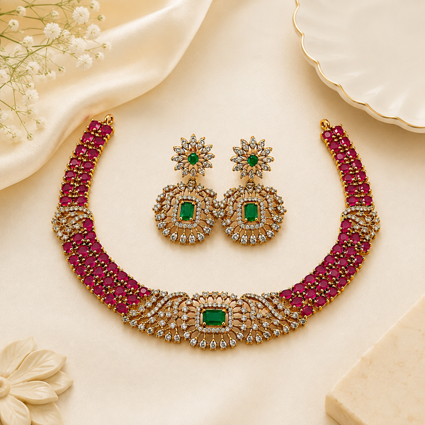 Gold Plated Maroon & Green AD Stone Choker Necklace Set
