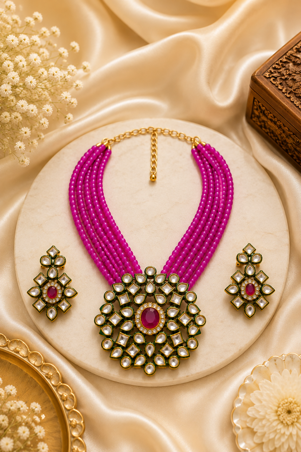 MB Exim Premium Pink Beads Kundan Jewellery Set with Earrings for Women