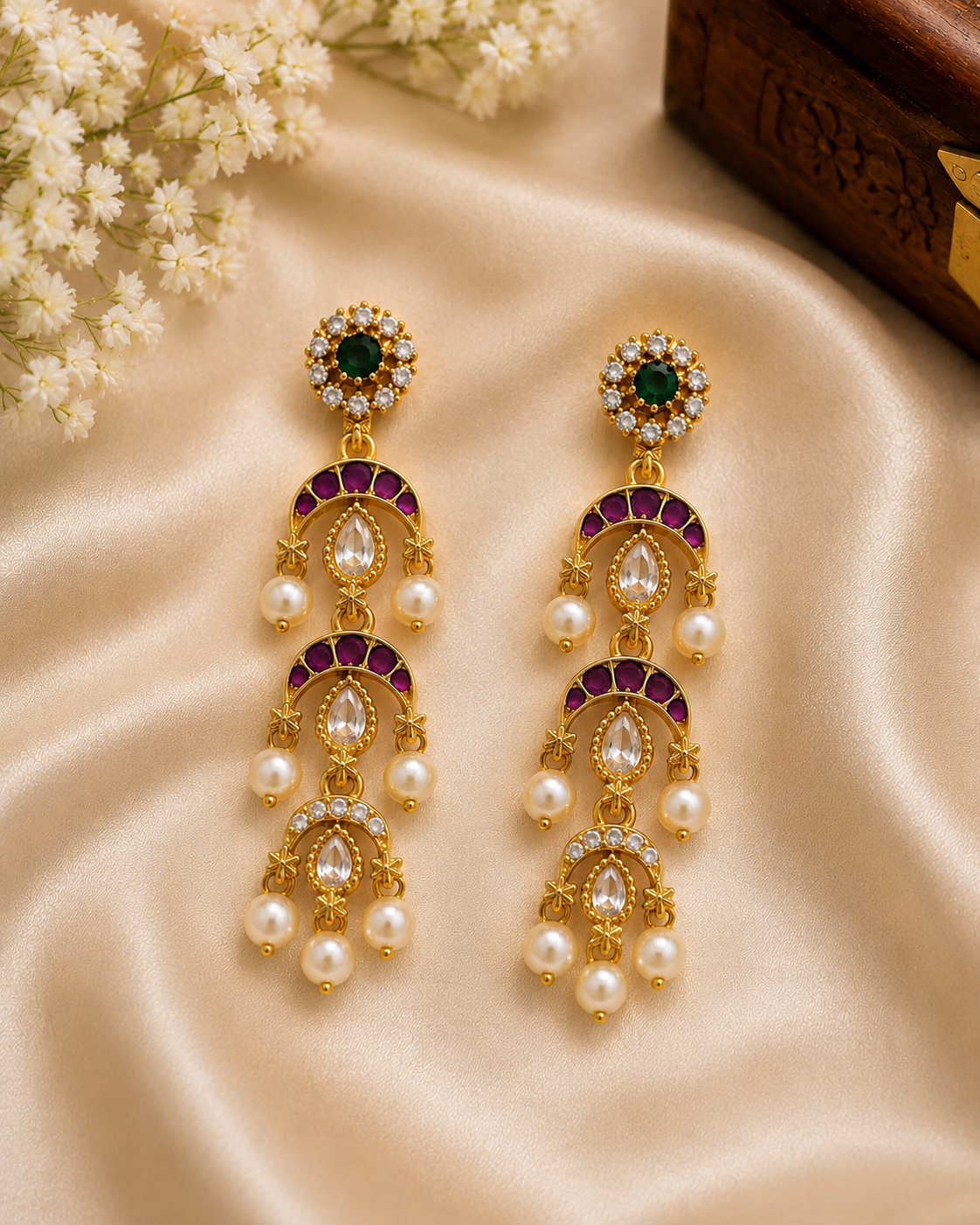 Gold Plated Green & Purple Stone Pearl Drop Earrings for Women