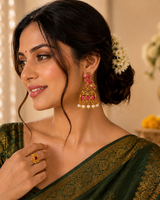 Gold Plated Peacock Design Jhumka Earrings with Pink & Green Stones and Pearl Drops for Women