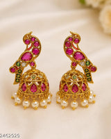 Gold Plated Peacock Design Jhumka Earrings with Pink & Green Stones and Pearl Drops for Women