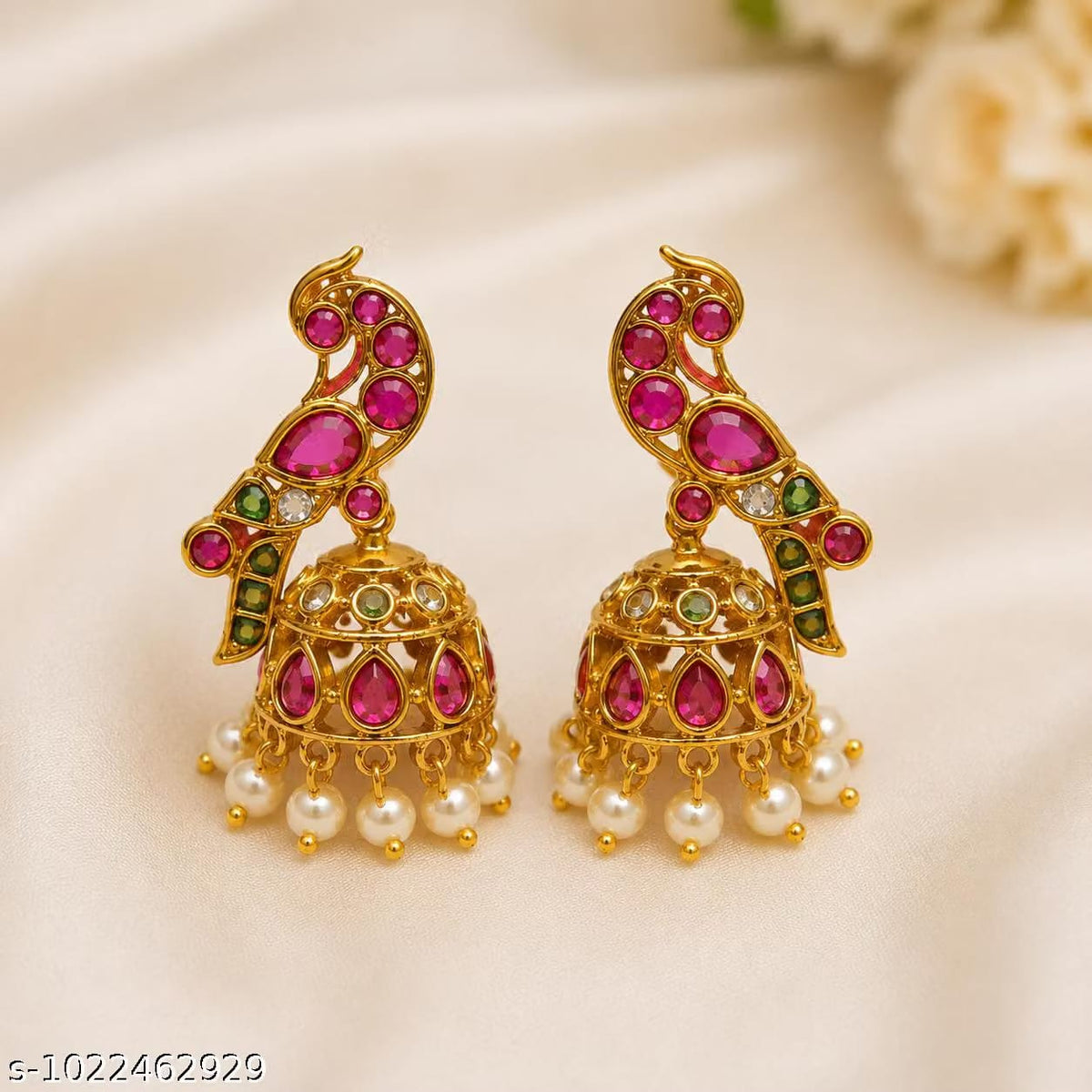 Gold Plated Peacock Design Jhumka Earrings with Pink & Green Stones and Pearl Drops for Women
