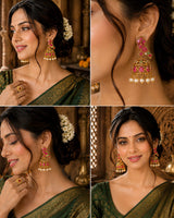 Gold Plated Peacock Design Jhumka Earrings with Pink & Green Stones and Pearl Drops for Women