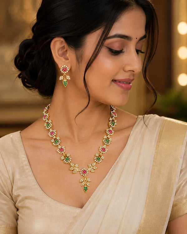 One Gram Gold Plated Floral CZ Necklace Set