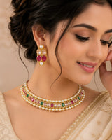 Women's Gold Plated Multicolor Stone Pearl Choker Necklace Set with Earrings