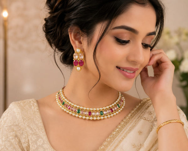 Women's Gold Plated Multicolor Stone Pearl Choker Necklace Set with Earrings