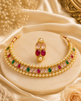 Women's Gold Plated Multicolor Stone Pearl Choker Necklace Set with Earrings