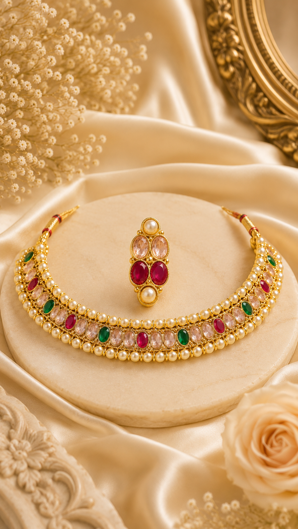 Women's Gold Plated Multicolor Stone Pearl Choker Necklace Set with Earrings