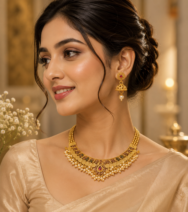 Premium Gold-Plated Pearl Choker Necklace Set with Jhumka Earrings for Women