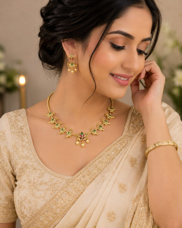 Traditional Gold Plated Green Stone Choker Necklace Set for Women