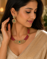 Gold Plated Maroon & Green AD Stone Choker Necklace Set