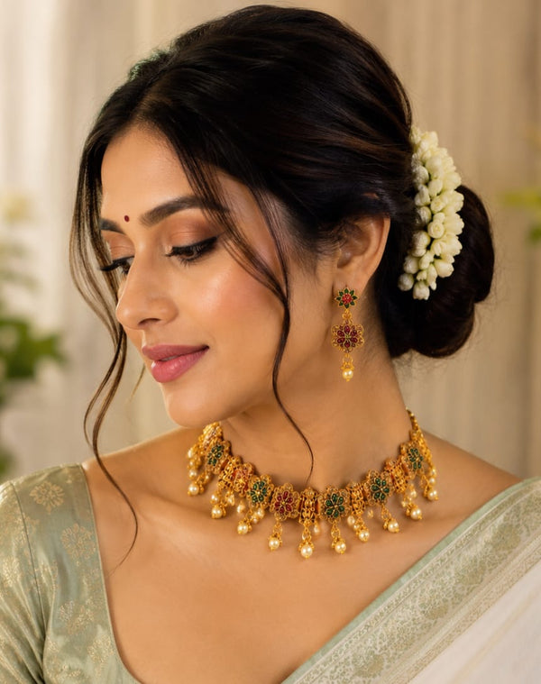 Traditional Gold-Plated Floral Choker Necklace Set with Earrings for Women & Girls