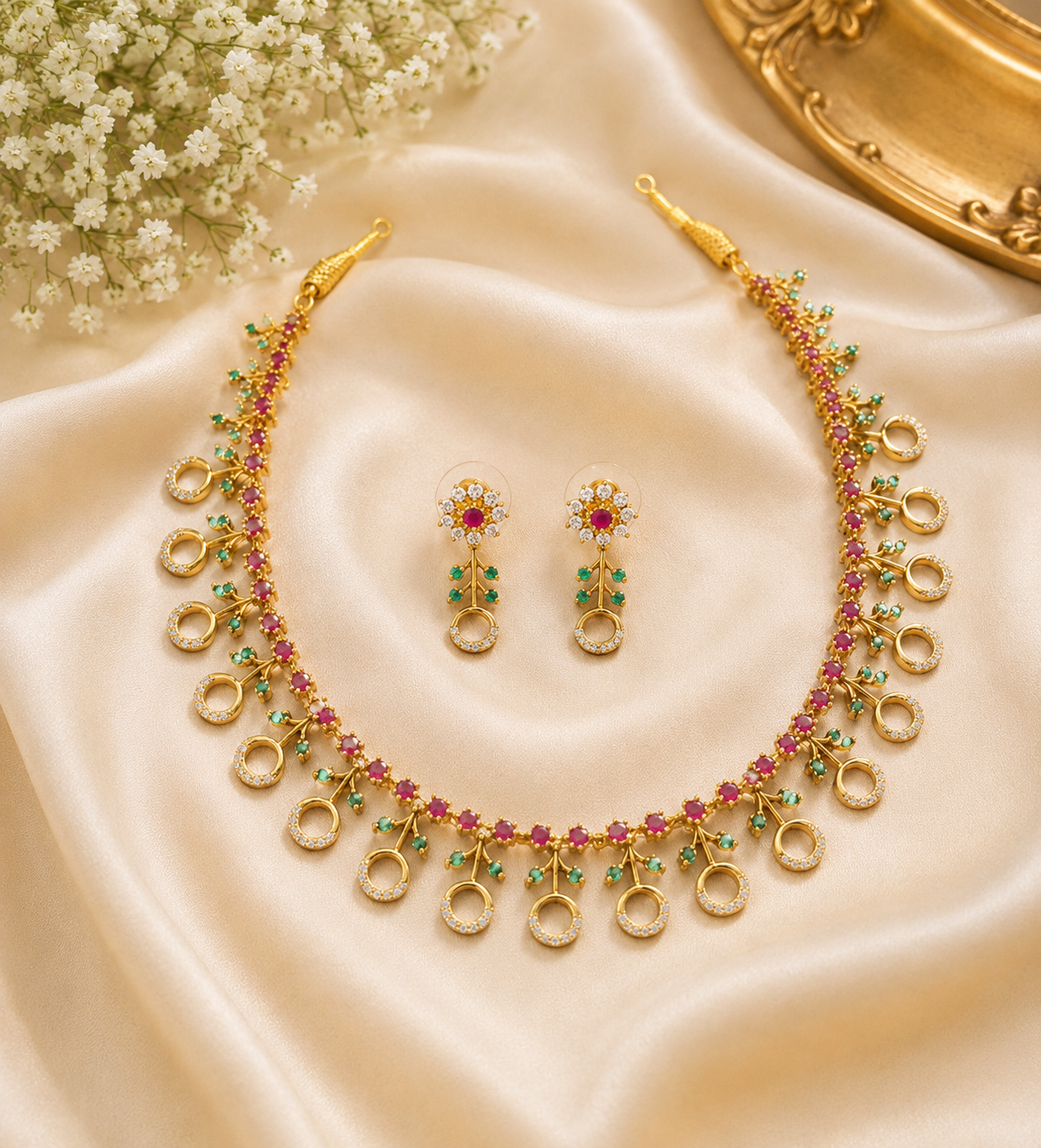 Women's Gold Plated American Diamond (AD) Necklace Set with Matching Earrings