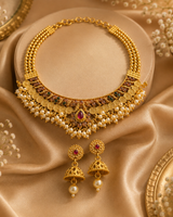 Premium Gold-Plated Pearl Choker Necklace Set with Jhumka Earrings for Women